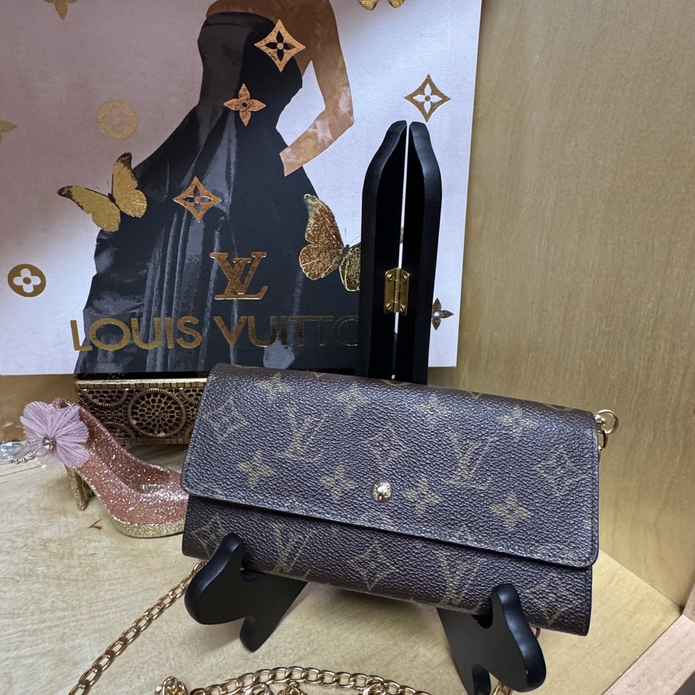 Louis Vuitton Brown Monogram Wallet with added aftermarket Gold Chain Insert